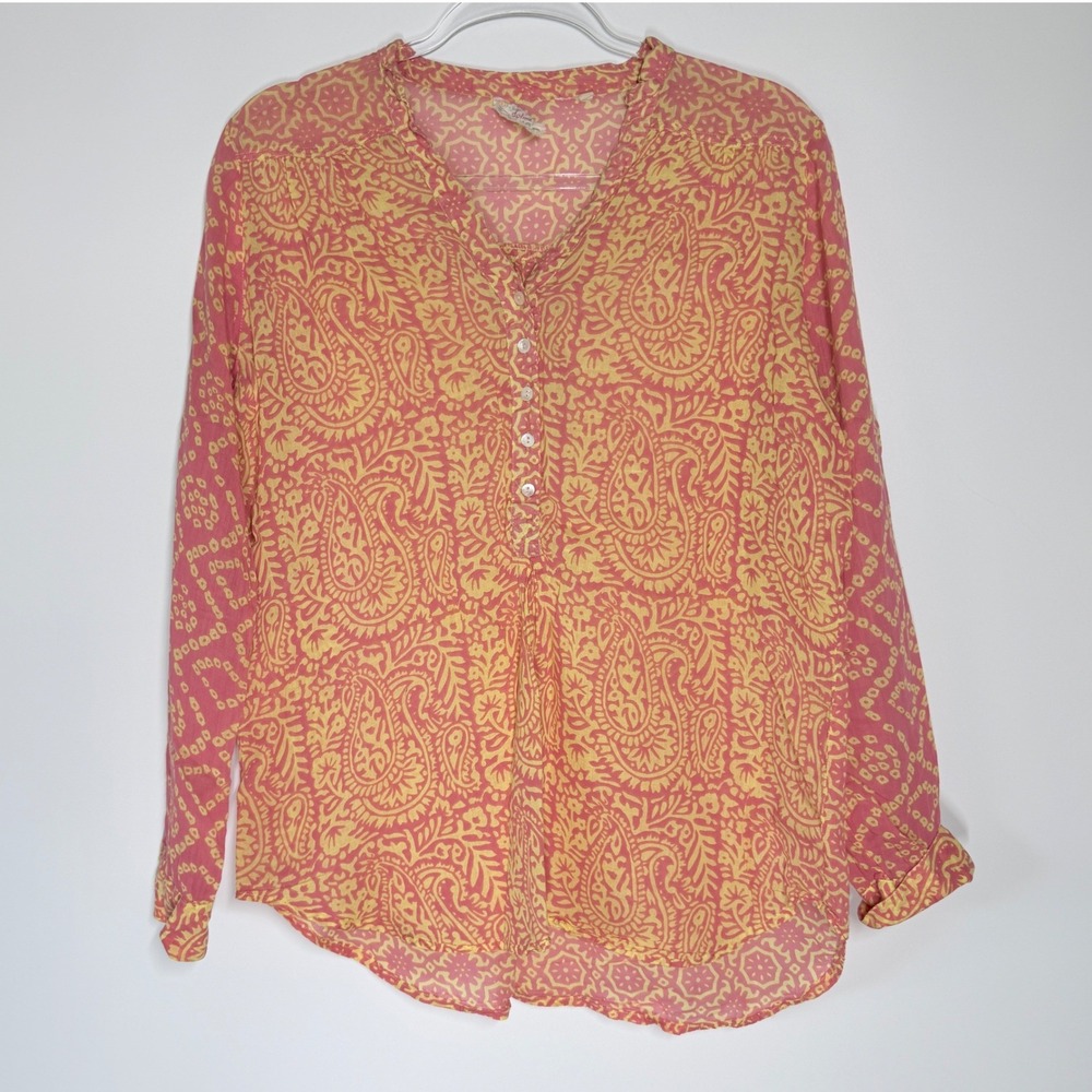 Dolma Womens Pink Yellow Paisley Mixed Print Henley Blouse Boho Small - Picture 3 of 10